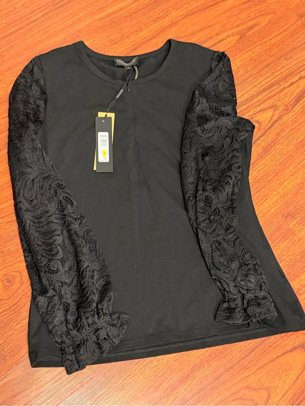 Donna Karan Black Long-Sleeve Top with Lace Sleeves